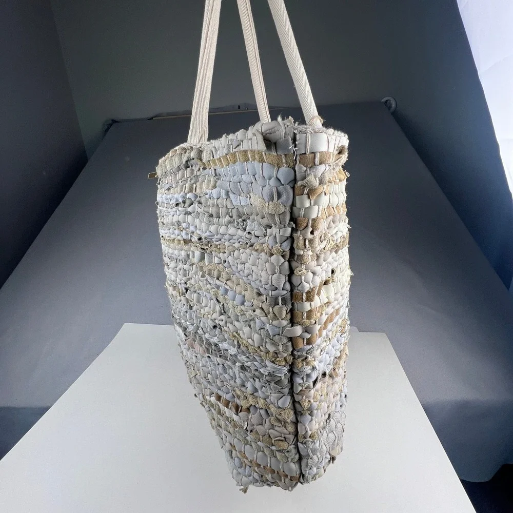 Handcrafted Upcycled Woven Tote Bag Large Neutral Boho Eco-Friendly Beach Travel